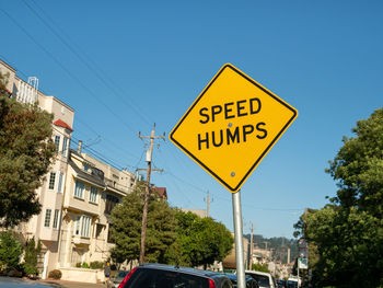 Road sign against clear blue sky