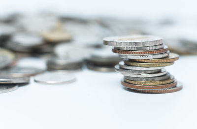 Close-up of coins on table