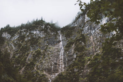 Low angle view of waterfall in forest against sky