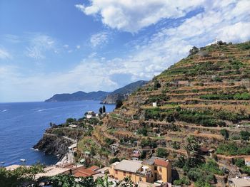 Panoramic view of townscape by sea against sky
