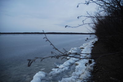 Frozen water on land against sky