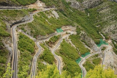 High angle view of landscape and mountain road in albania
