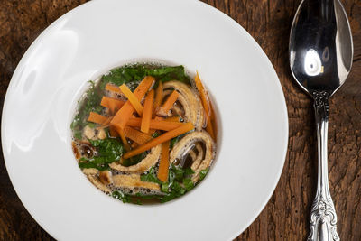 High angle view of soup in bowl on table