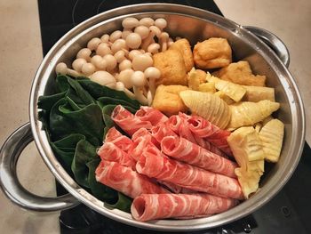 High angle view of meat in container