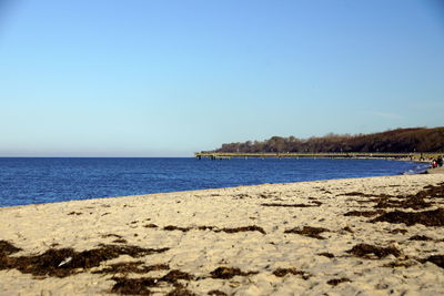 Scenic view of beach against clear sky