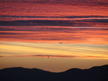 Airplane flying in sky over mountains during sunset