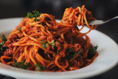 Close-up of noodles served in plate