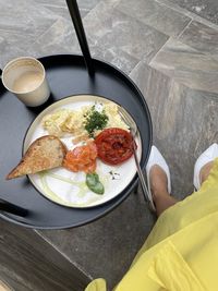 High angle view of breakfast served on table