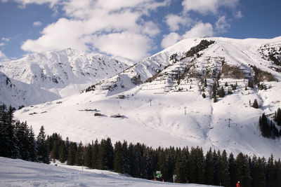 Scenic view of snowcapped mountains against sky