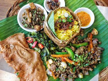 High angle view of meal served on table