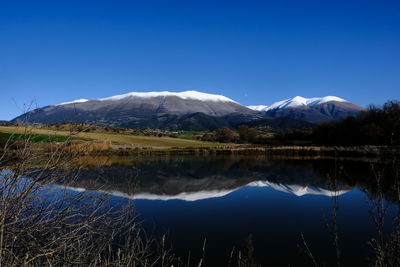 Scenic view of lake and mountains against clear blue sky