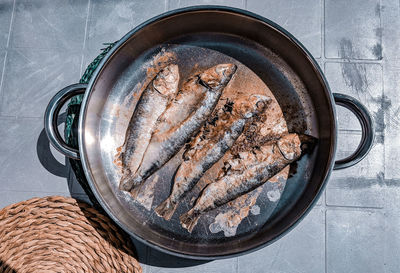 High angle view of fish on frying pan