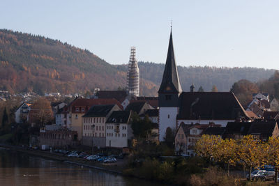 River passing through city against clear sky