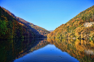 Scenic view of lake by mountains against clear blue sky