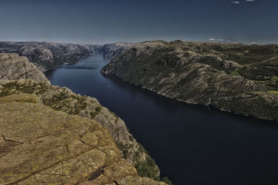 Scenic view of river amidst mountains against clear sky