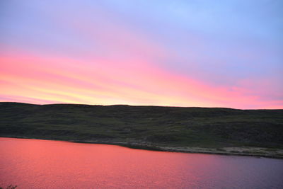 Scenic view of dramatic sky over land during sunset