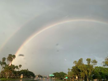 Scenic view of rainbow over trees against sky