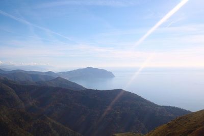 Scenic view of sea and mountains against sky