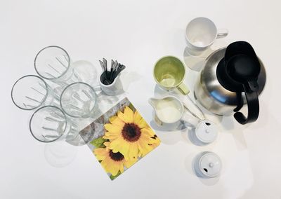 High angle view of various flowers on table