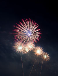 Low angle view of firework display at night