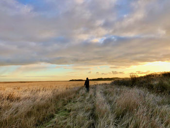 Man standing on field against sky during sunset