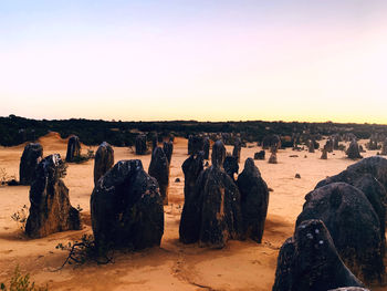 Panoramic view of rocks on beach against sky during sunset