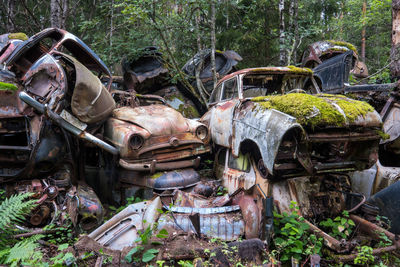 Abandoned rusty cars in forest of bastnäs in sweden