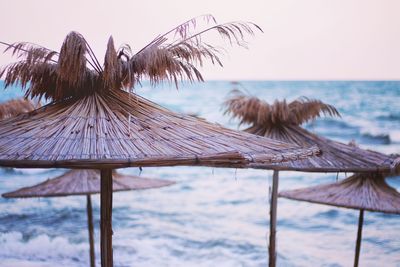 Close-up of umbrella on beach against clear sky