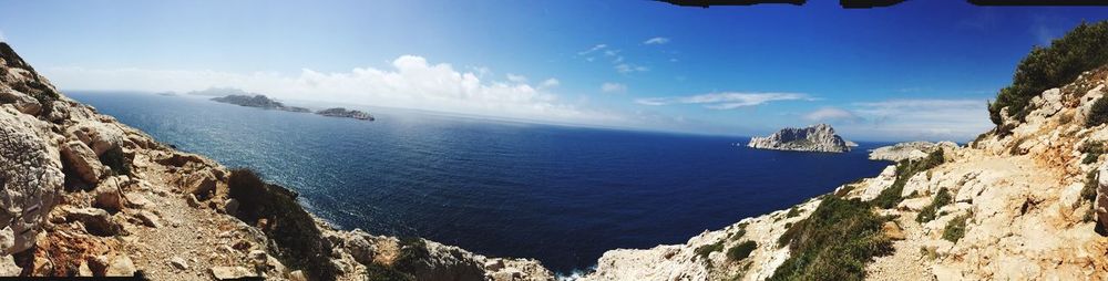 Panoramic shot of calm blue sea against sky