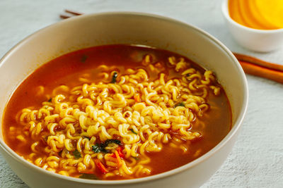 High angle view of soup in bowl