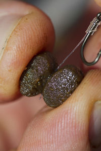 Cropped image of hand holding fishing hook with bait