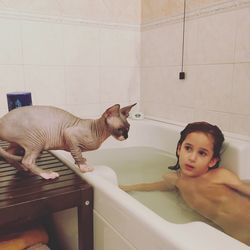 Cute girl and cat in bathroom