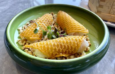 High angle view of food in bowl on table