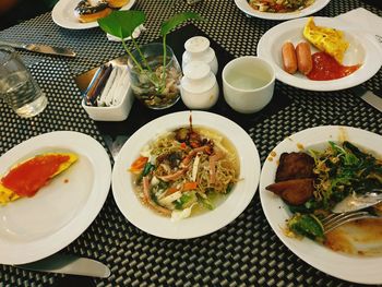 High angle view of meal served on table