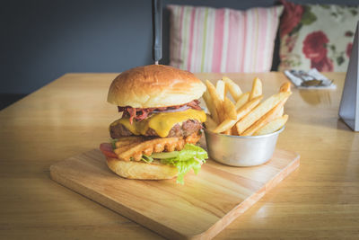 Close-up of burger on table