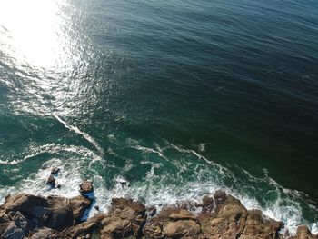 High angle view of people on rock by sea