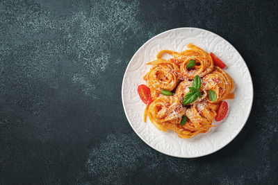 High angle view of food in plate on table