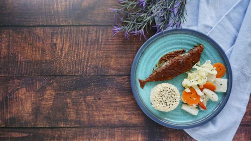 High angle view of breakfast served on table