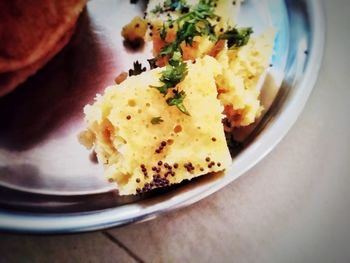 High angle view of breakfast served in plate