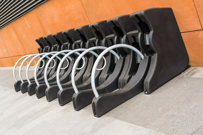 High angle view of chairs in row