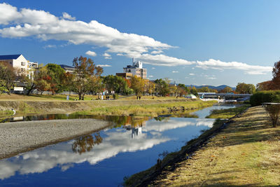 Scenic view of lake by buildings against sky