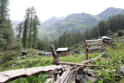 Wooden house on field by trees against sky