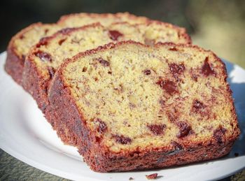 High angle view of cake in plate on table