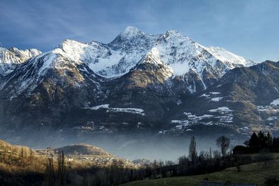 Scenic view of snowcapped mountains at aosta valley