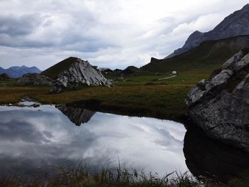 Scenic view of lake and mountains against sky