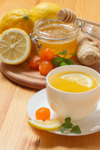 Close-up of breakfast served on table