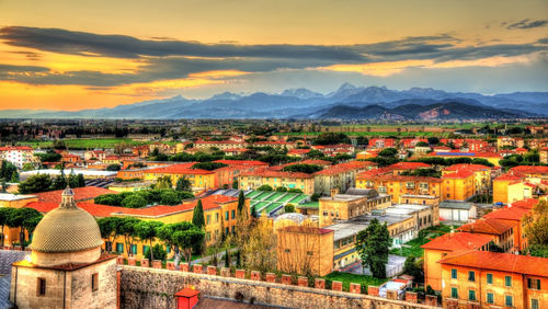 High angle view of townscape against sky during sunset