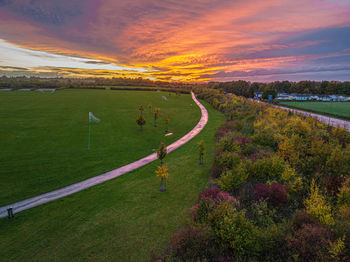 High angle view of landscape against sky during sunset