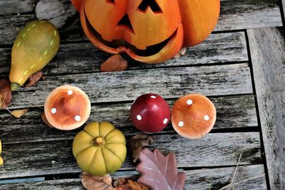 High angle view of pumpkins on table