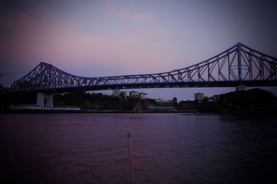Bridge over river in city at sunset